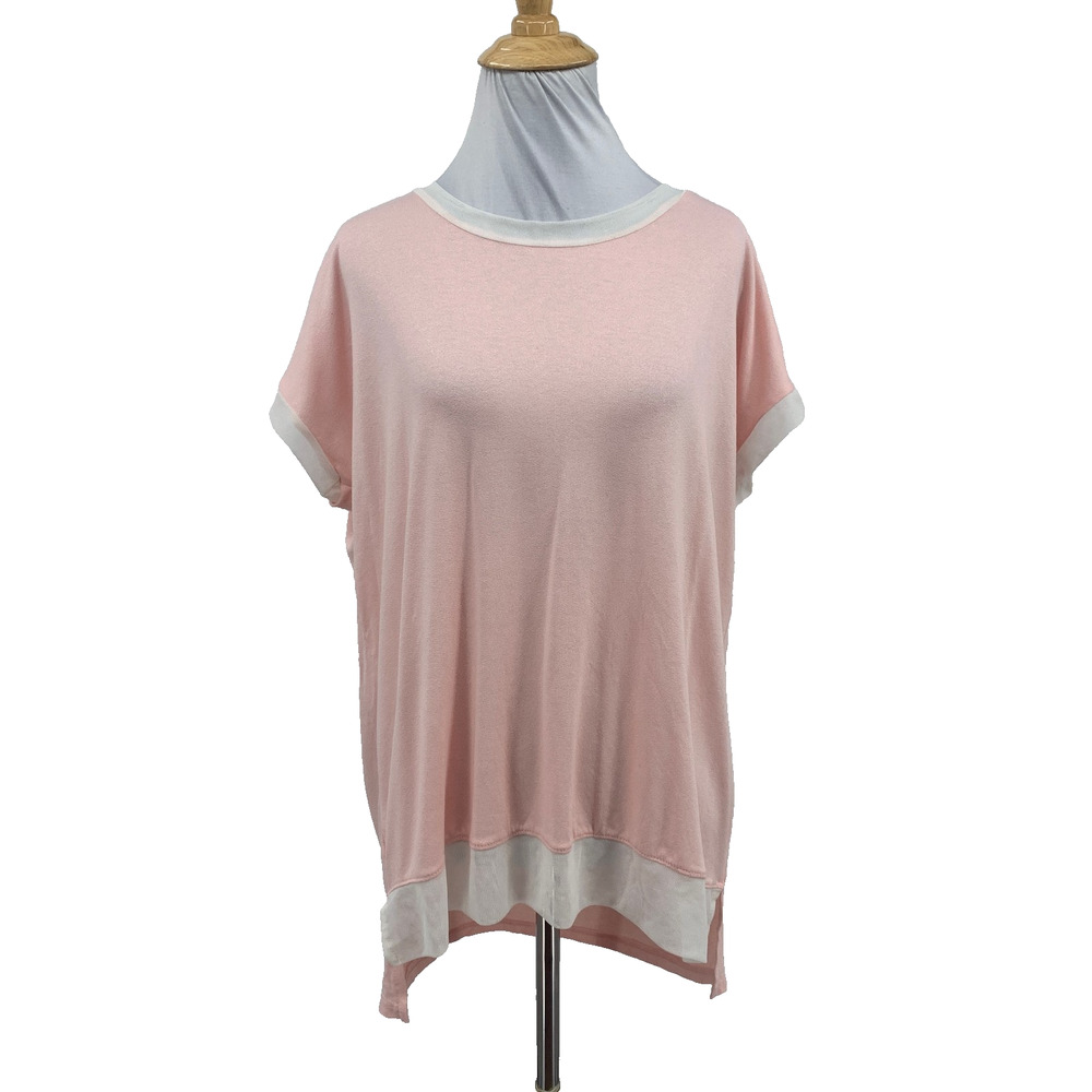 Bobeau Shirt Womens M Medium Pink White Mesh Trim Stretch Short Sleeve Loose Tee